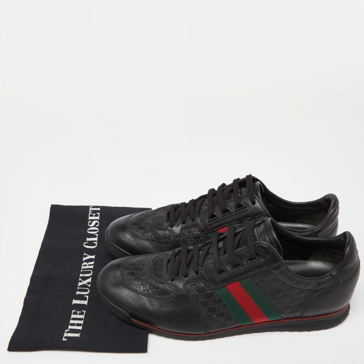Pre Owned Gucci Black Guccissima Leather Web Low Top Sneakers Size 44.5 