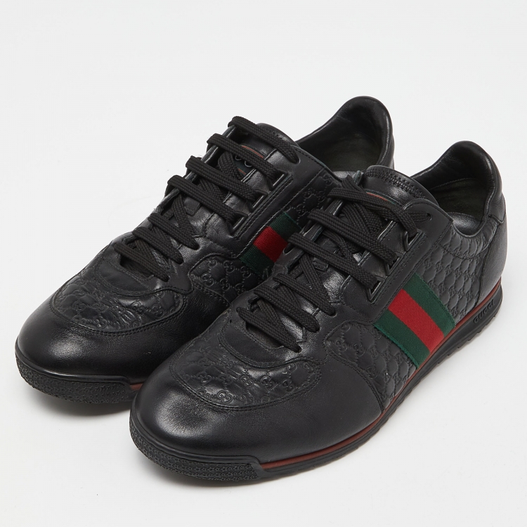 Pre Owned Gucci Black Guccissima Leather Web Low Top Sneakers Size 44.5 