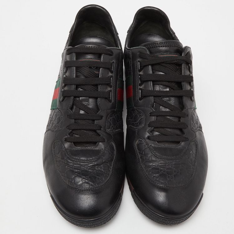 Pre Owned Gucci Black Guccissima Leather Web Low Top Sneakers Size 44.5 