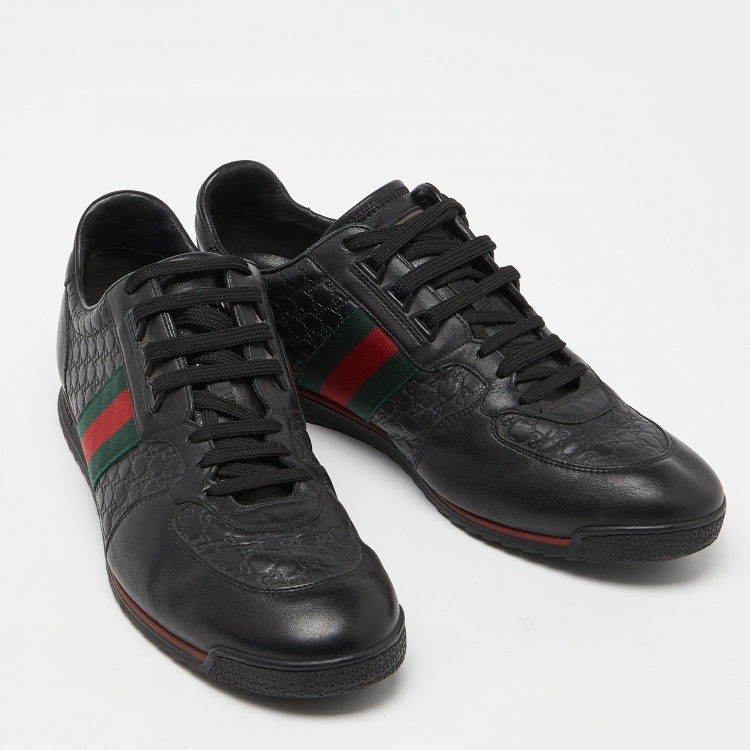 Pre Owned Gucci Black Guccissima Leather Web Low Top Sneakers Size 44.5 