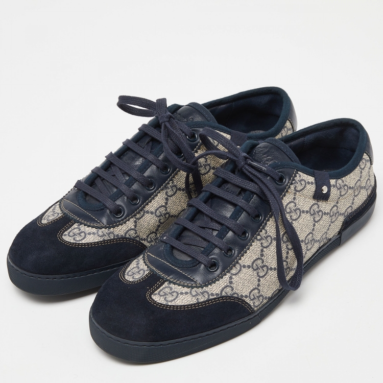 Pre Owned Gucci Navy Blue/Beige Suede and GG Supreme Canvas Low Top Sneakers Size 40.5 