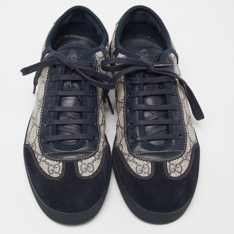 Pre Owned Gucci Navy Blue/Beige Suede and GG Supreme Canvas Low Top Sneakers Size 40.5 