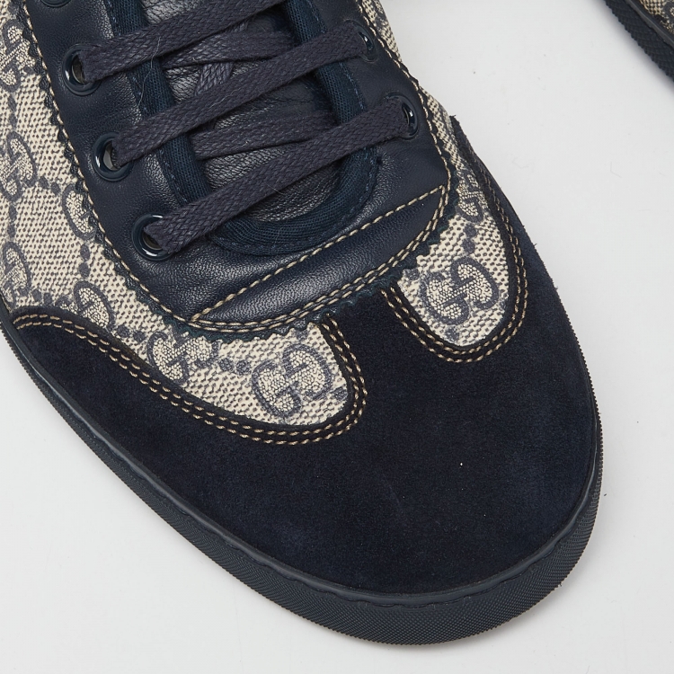 Pre Owned Gucci Navy Blue/Beige Suede and GG Supreme Canvas Low Top Sneakers Size 40.5 