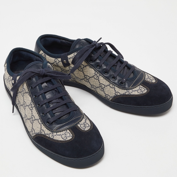 Pre Owned Gucci Navy Blue/Beige Suede and GG Supreme Canvas Low Top Sneakers Size 40.5 