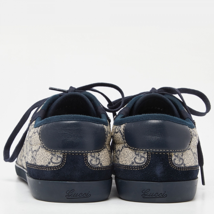 Pre Owned Gucci Navy Blue/Beige Suede and GG Supreme Canvas Low Top Sneakers Size 40.5 
