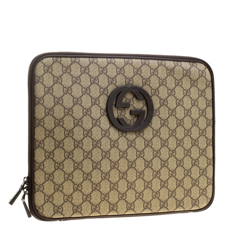 مملوكة مسبقًا Gucci Beige GG Supreme Canvas Interlocking GG Netbook Case