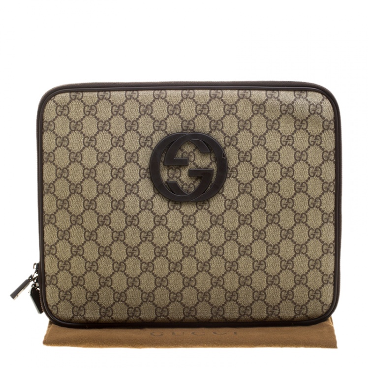 مملوكة مسبقًا Gucci Beige GG Supreme Canvas Interlocking GG Netbook Case