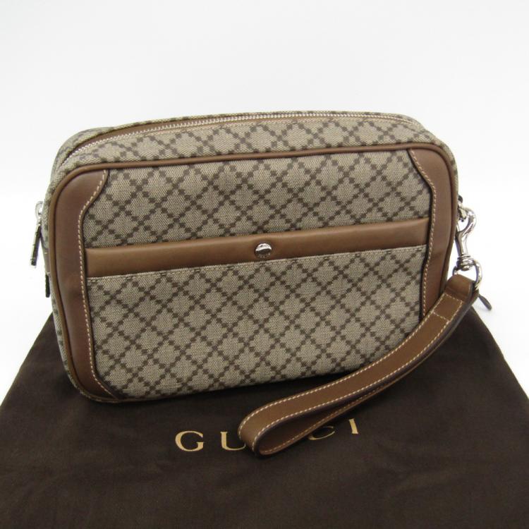 Pre Owned Gucci Beige/Brown Diamante Canvas Clutch Bag