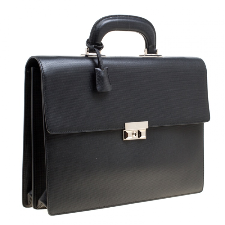 Pre Owned Gucci Black Textured Leather Double Gusset Briefcase 