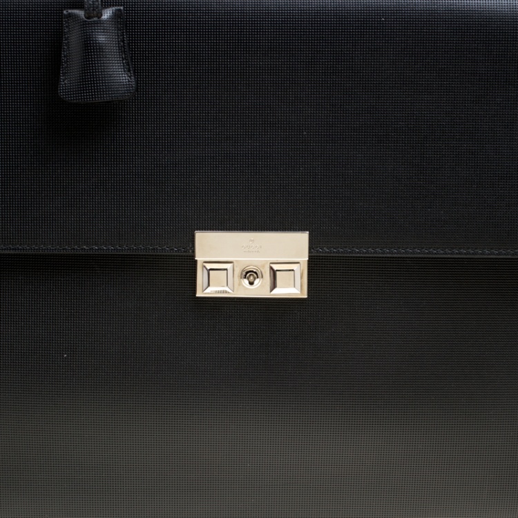 Pre Owned Gucci Black Textured Leather Double Gusset Briefcase 