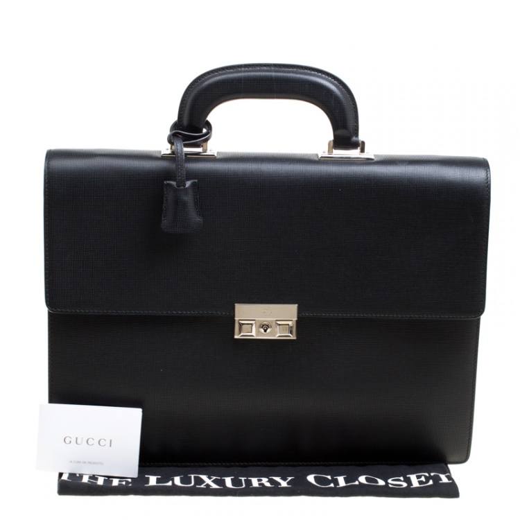 Pre Owned Gucci Black Textured Leather Double Gusset Briefcase 