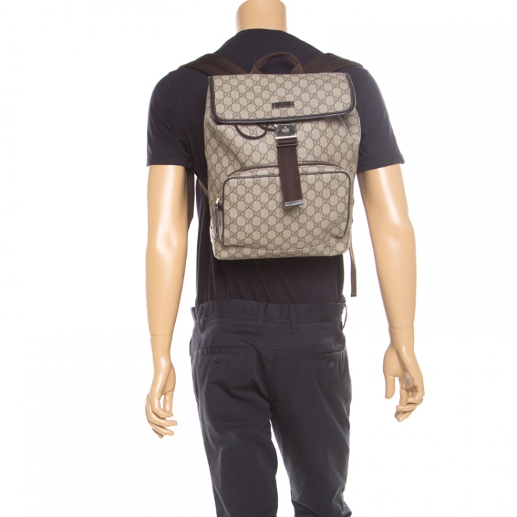 Pre Owned Gucci Beige/Brown GG Canvas and Leather Medium Flaptop Backpack