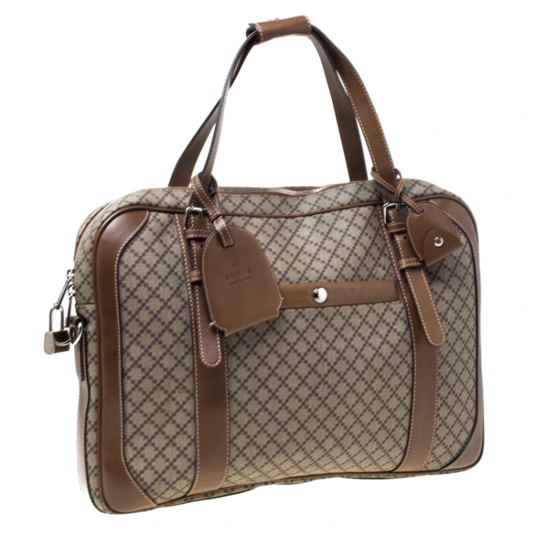 Pre Owned Gucci Beige/Tan Diamante Canvas and Leather Zip Pocket Briefcase