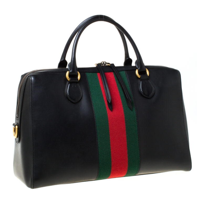 Pre Owned Gucci Black Leather and Canvas Web Slim Briefcase