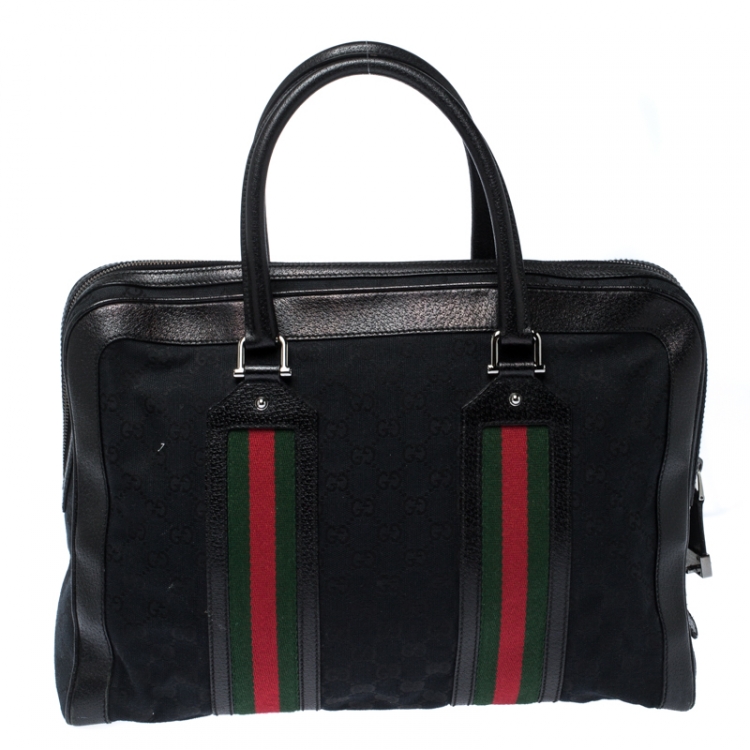 Pre Owned Gucci Black GG Canvas and Leather Web Travel Bag