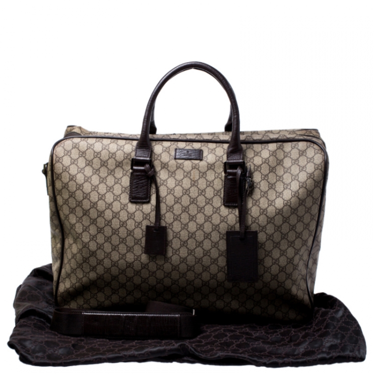 Pre Owned Gucci Beige/Brown Coated Canvas and Leather Weekender Travel Bag
