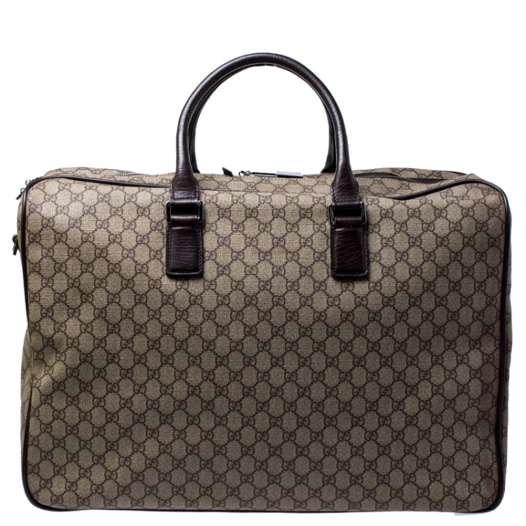 Pre Owned Gucci Beige/Brown Coated Canvas and Leather Weekender Travel Bag
