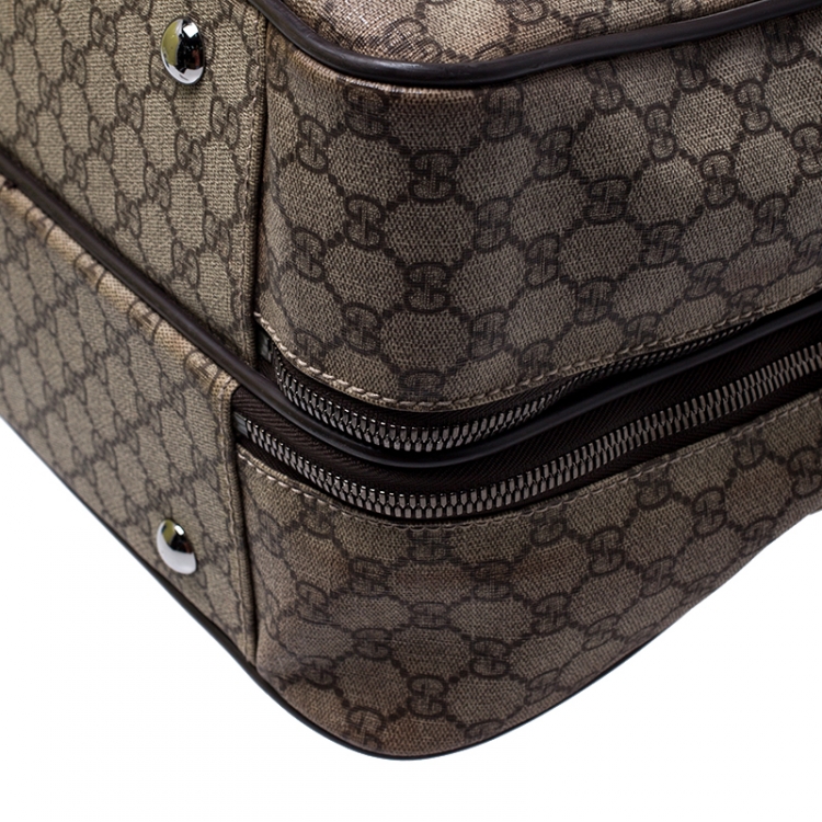 Pre Owned Gucci Beige/Brown Coated Canvas and Leather Weekender Travel Bag