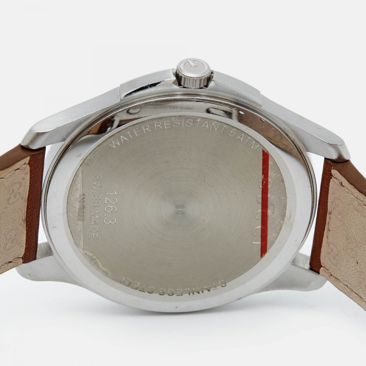 Pre Owned Gucci Grey Stainless Steel Leather G-Timeless YA126303 Men's Wristwatch 40 mm