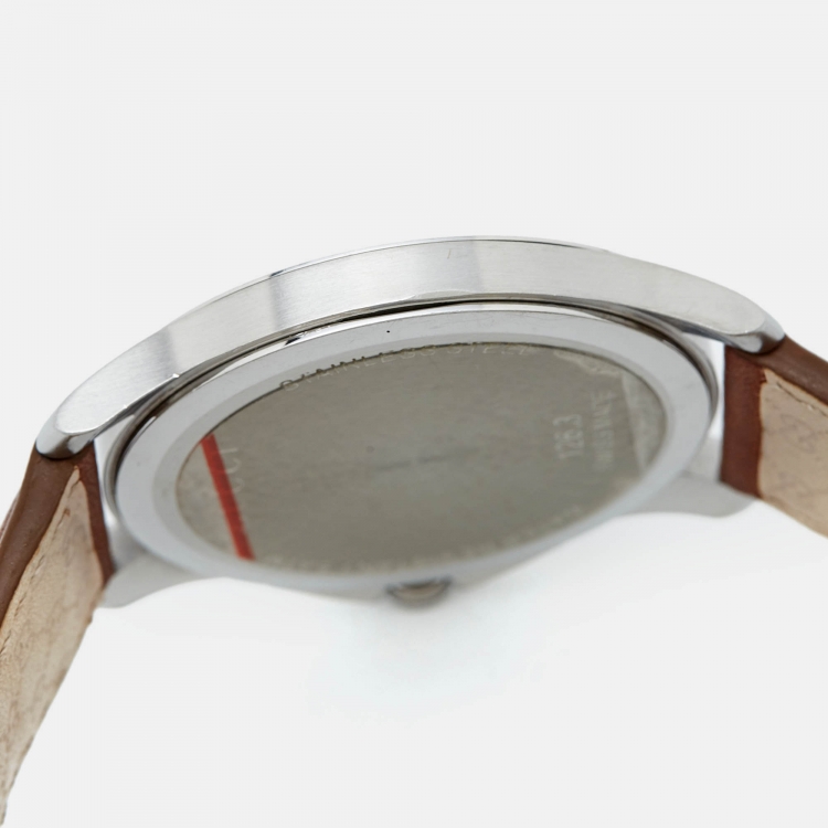 Pre Owned Gucci Grey Stainless Steel Leather G-Timeless YA126303 Men's Wristwatch 40 mm