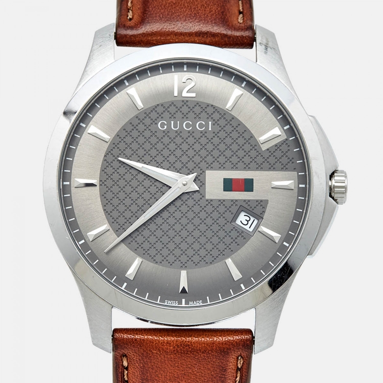 Pre Owned Gucci Grey Stainless Steel Leather G-Timeless YA126303 Men's Wristwatch 40 mm
