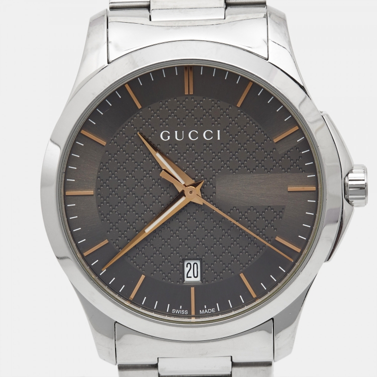 Pre Owned Gucci Taupe Stainless Steel G-Timeless YA126448 Men's Wristwatch 38 mm