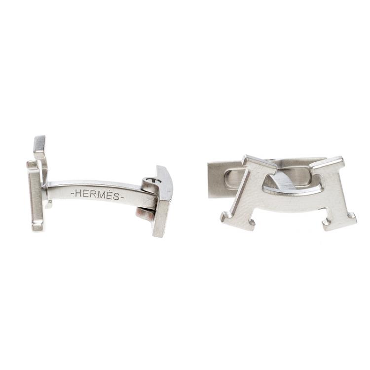 Pre Owned Hermes Smiley H Brushed Palladium Plated Cufflinks