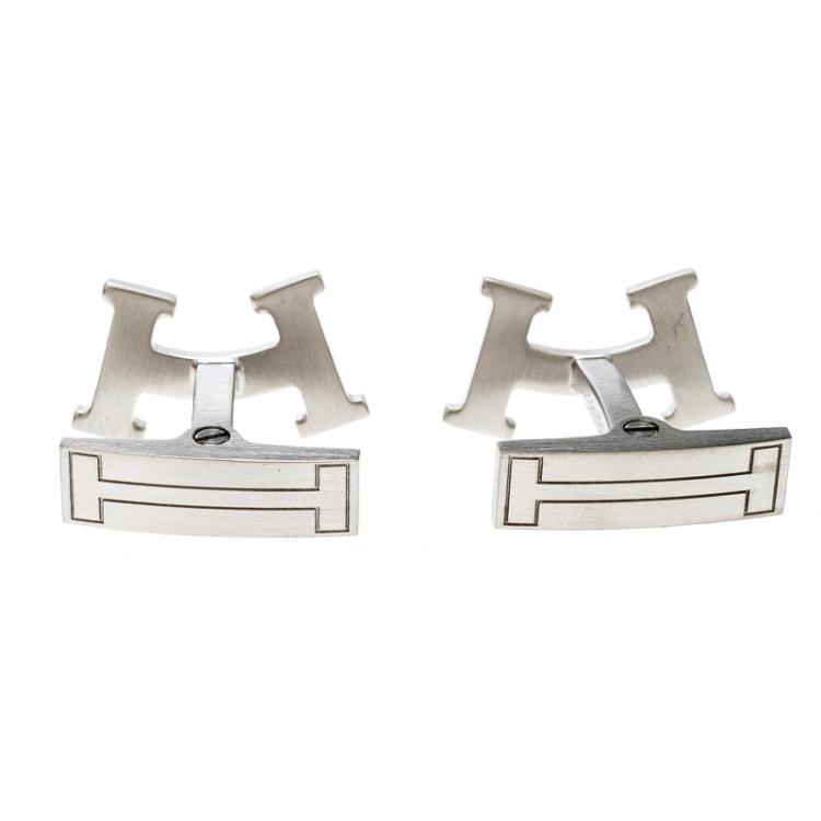 Pre Owned Hermes Smiley H Brushed Palladium Plated Cufflinks
