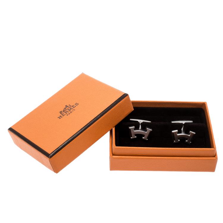 Pre Owned Hermes Smiley H Brushed Palladium Plated Cufflinks
