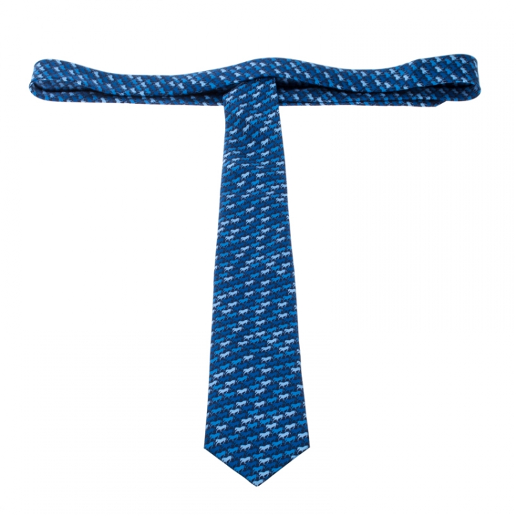 Pre Owned Hermes Parade Navy Blue Horse Printed Silk Twill Tie