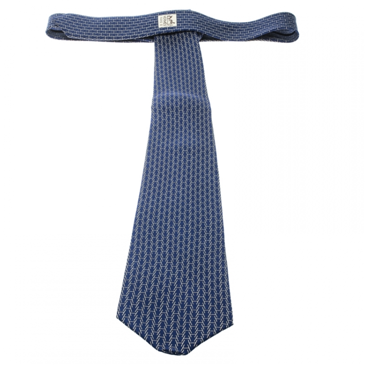Pre Owned Hermes Navy Blue Angled H Print Silk Tie