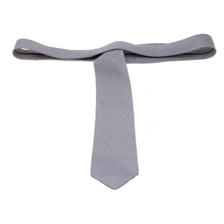 Pre Owned Hermes Anthracite Grey Digital Binary Print Heavy Silk Twill Tie