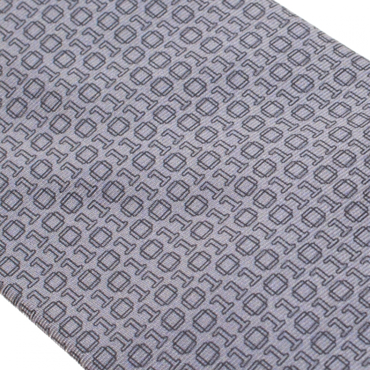 Pre Owned Hermes Anthracite Grey Digital Binary Print Heavy Silk Twill Tie
