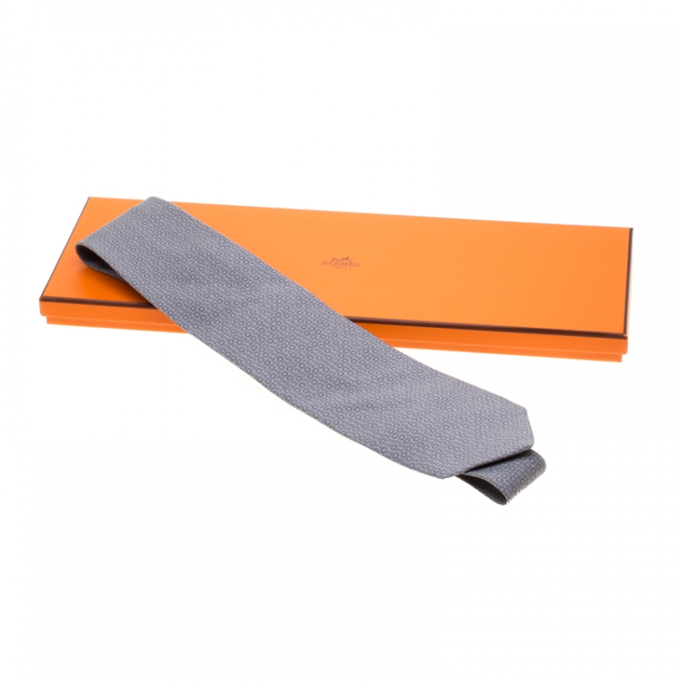 Pre Owned Hermes Anthracite Grey Digital Binary Print Heavy Silk Twill Tie