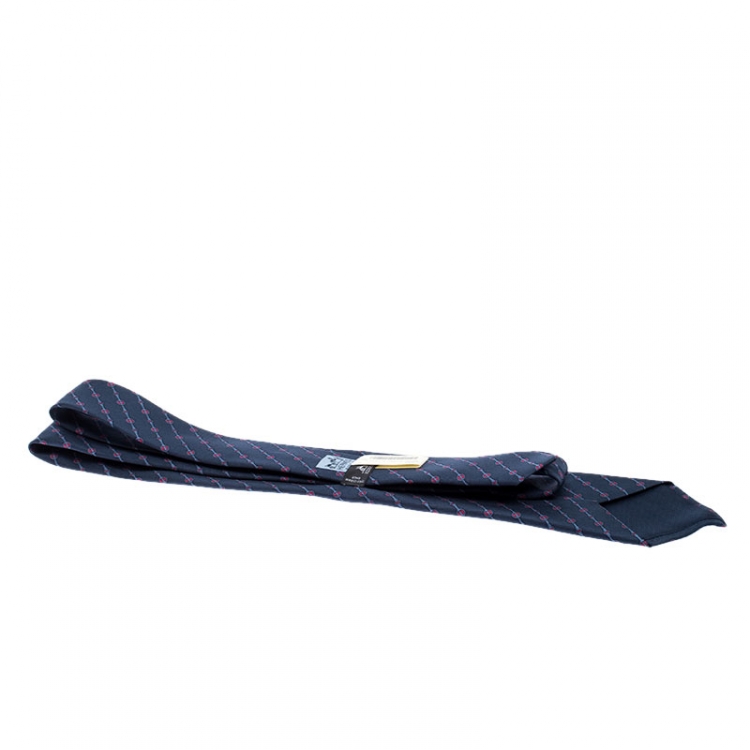 Pre Owned Hermes Navy Blue Printed Classic Silk Tie