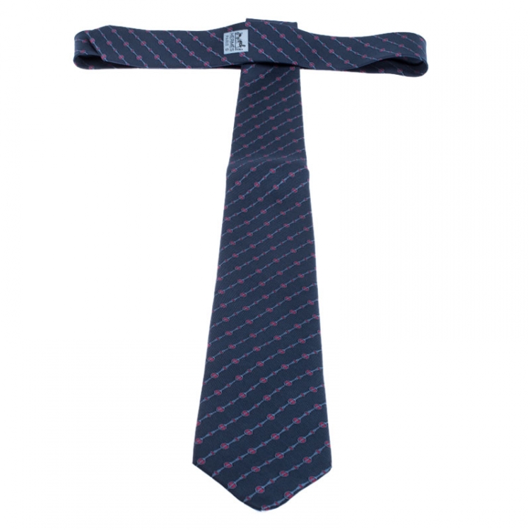 Pre Owned Hermes Navy Blue Printed Classic Silk Tie