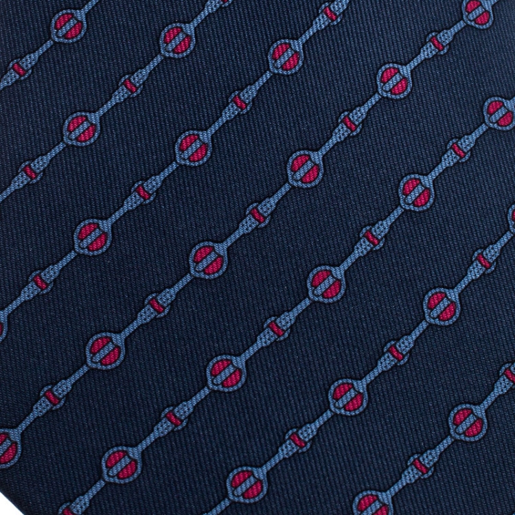 Pre Owned Hermes Navy Blue Printed Classic Silk Tie