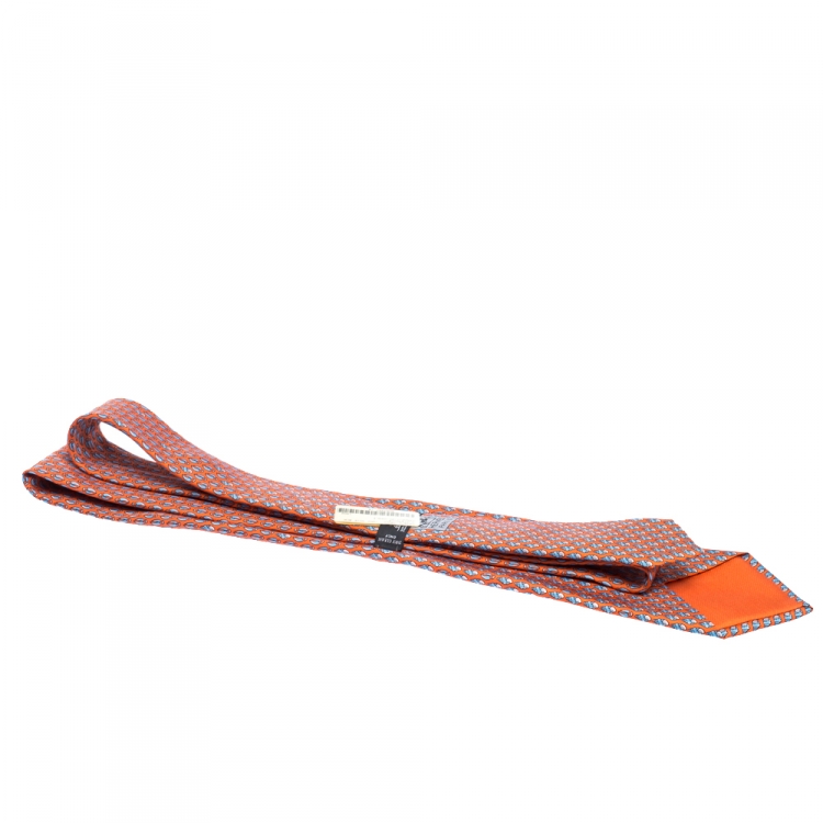 Pre Owned Hermes Orange Seashell Printed Silk  Tie