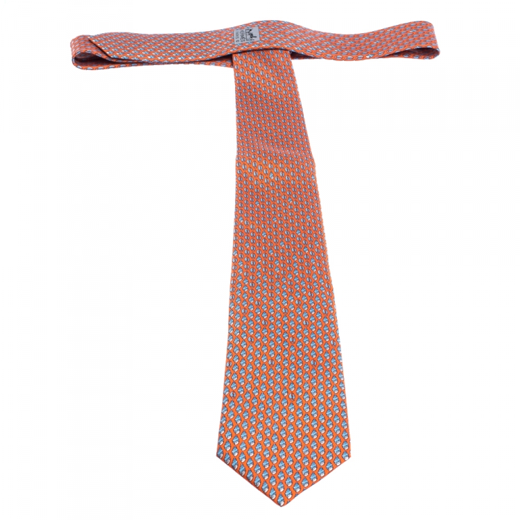 Pre Owned Hermes Orange Seashell Printed Silk  Tie