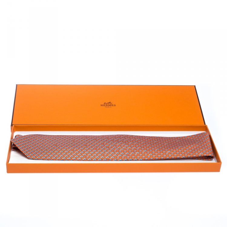 Pre Owned Hermes Orange Seashell Printed Silk  Tie