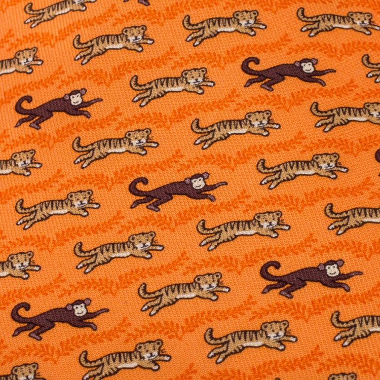 Pre Owned Hermès Orange Monkey and Tiger Print Silk Twill Tie