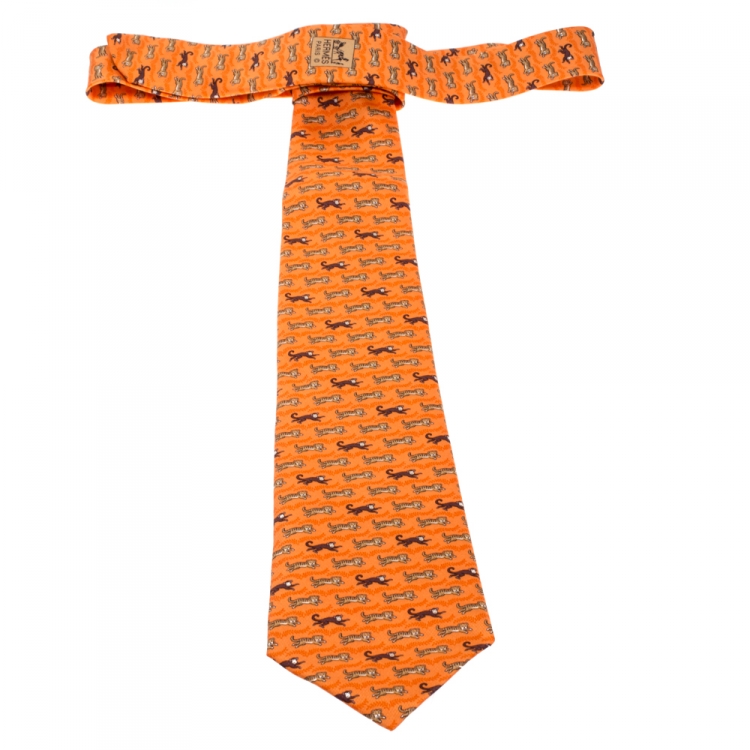 Pre Owned Hermès Orange Monkey and Tiger Print Silk Twill Tie