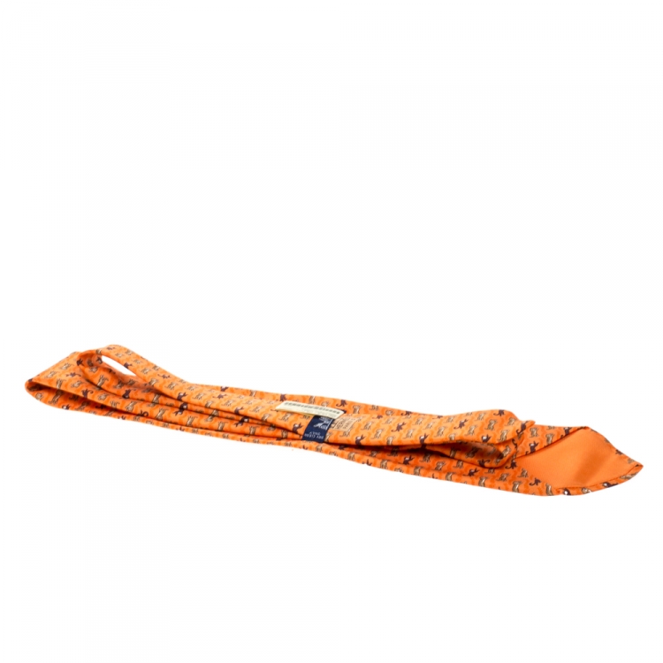 Pre Owned Hermès Orange Monkey and Tiger Print Silk Twill Tie