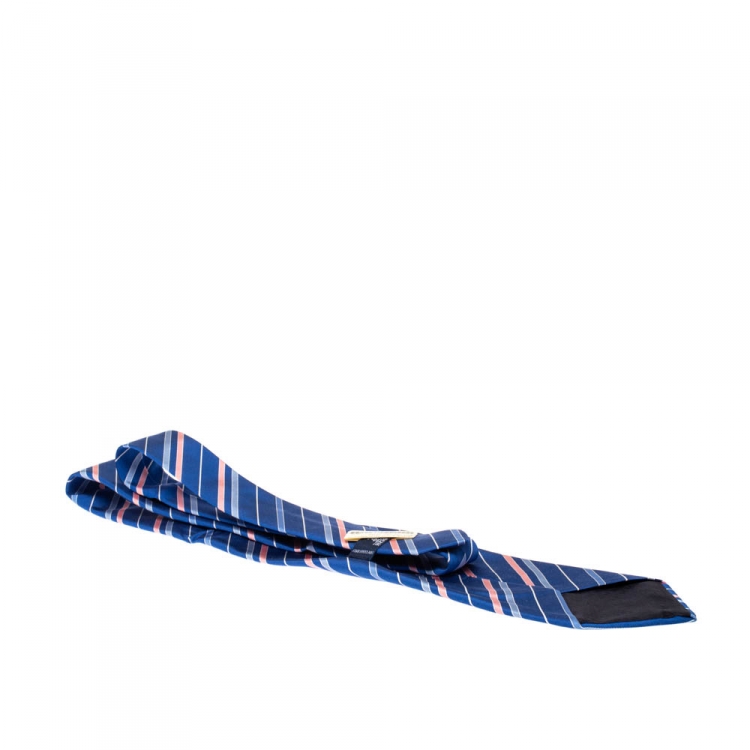 Pre Owned Hermes Blue Diagonal Striped Traditional Cotton & Silk Tie