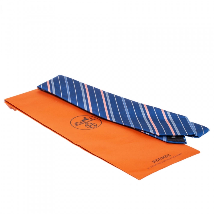 Pre Owned Hermes Blue Diagonal Striped Traditional Cotton & Silk Tie