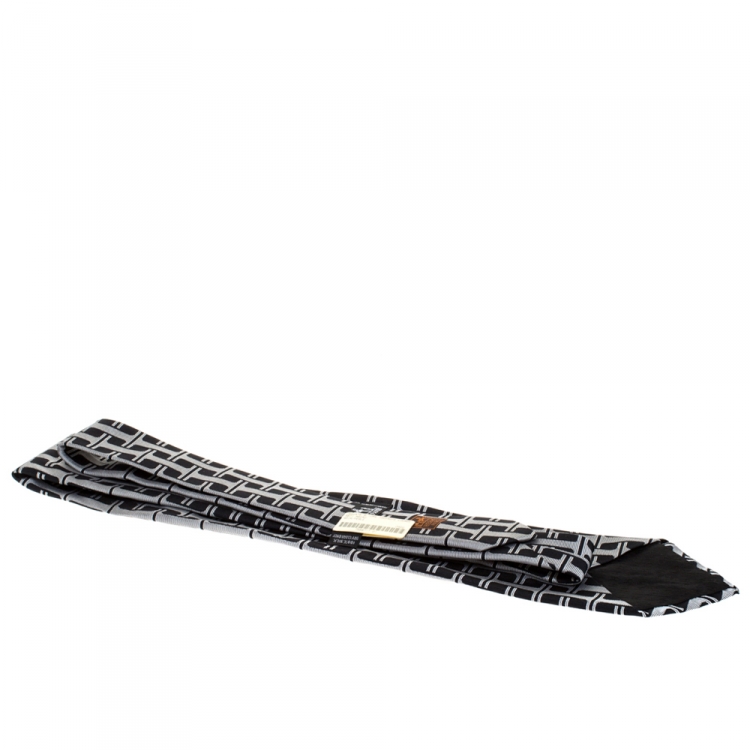 Pre Owned Hermès Noir and Perle H Patterned Jacquard Silk Tie