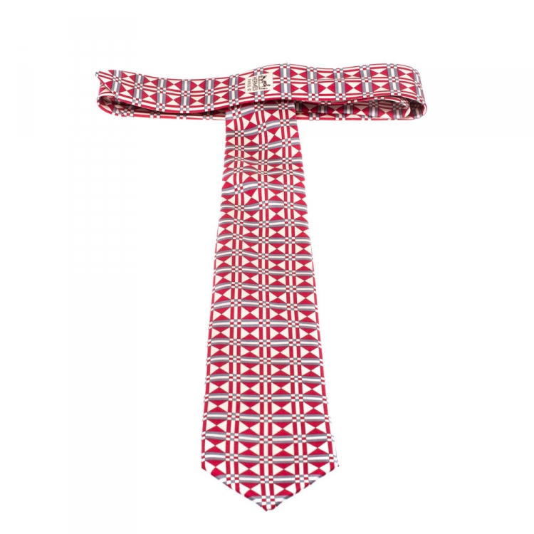 Pre Owned Hermès Red and White Geometric Motif Print Silk Twill Tie