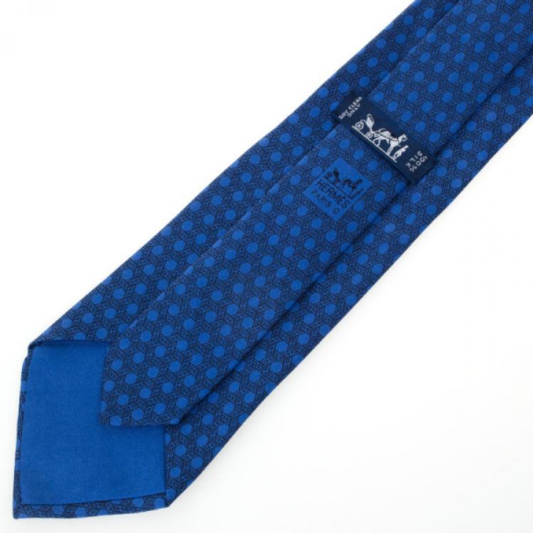 Pre Owned Hermes Blue Hexagon 'H' Print Silk Tie