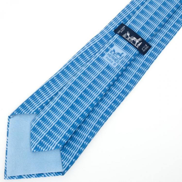 Pre Owned Hermes Blue Sapphire Waves Printed Silk Tie