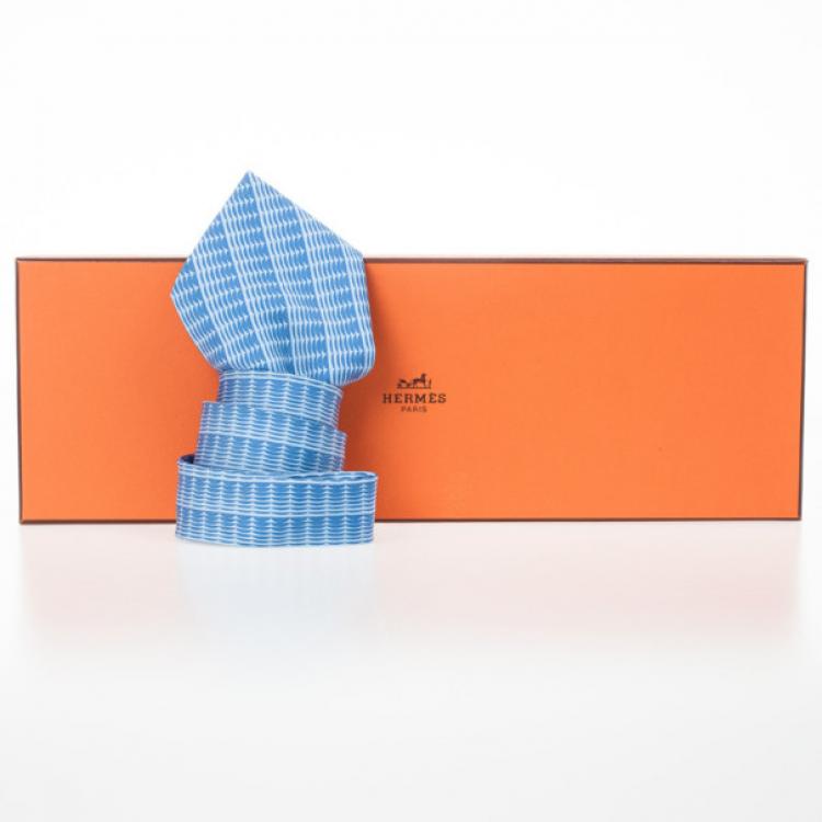 Pre Owned Hermes Blue Sapphire Waves Printed Silk Tie